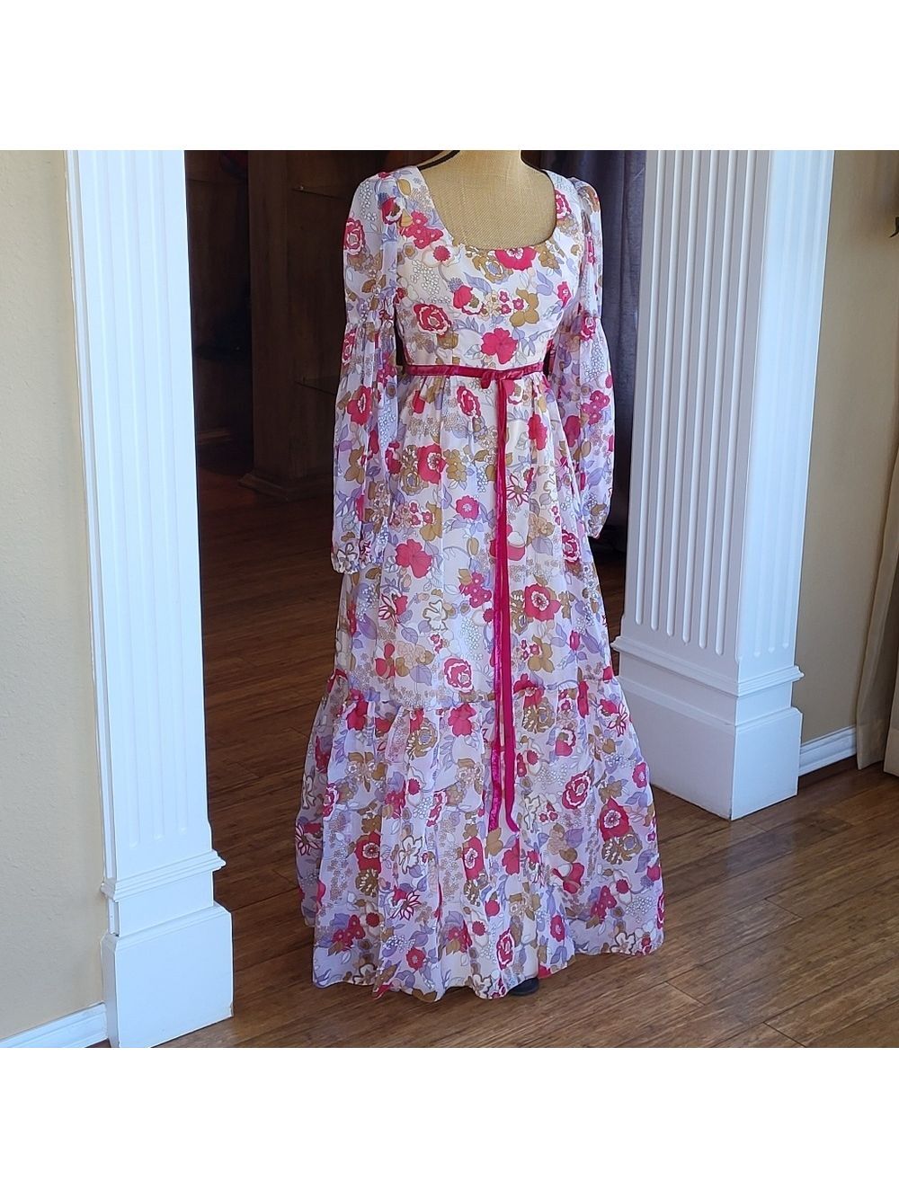 Lorrie Deb San Francisco Vtg 70s Size 6 Floral Chiffon Maxi Dress - Picture 2 of 11